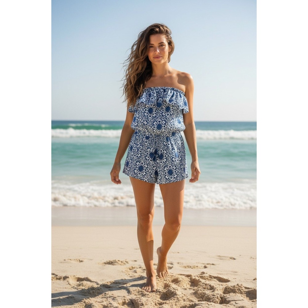Vineyard Vines Blue White Floral Medallion Strapless Ruffle Romper XS Tassels